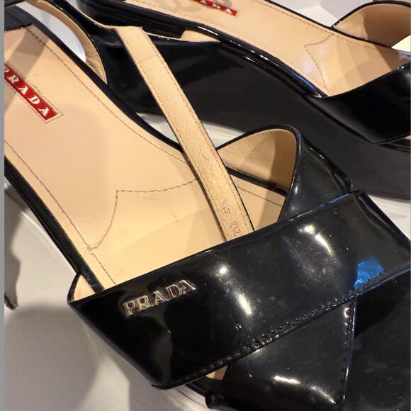 Prada Black Patent Leather Wedge Sandals - Size 10 - Picture 1 of 4